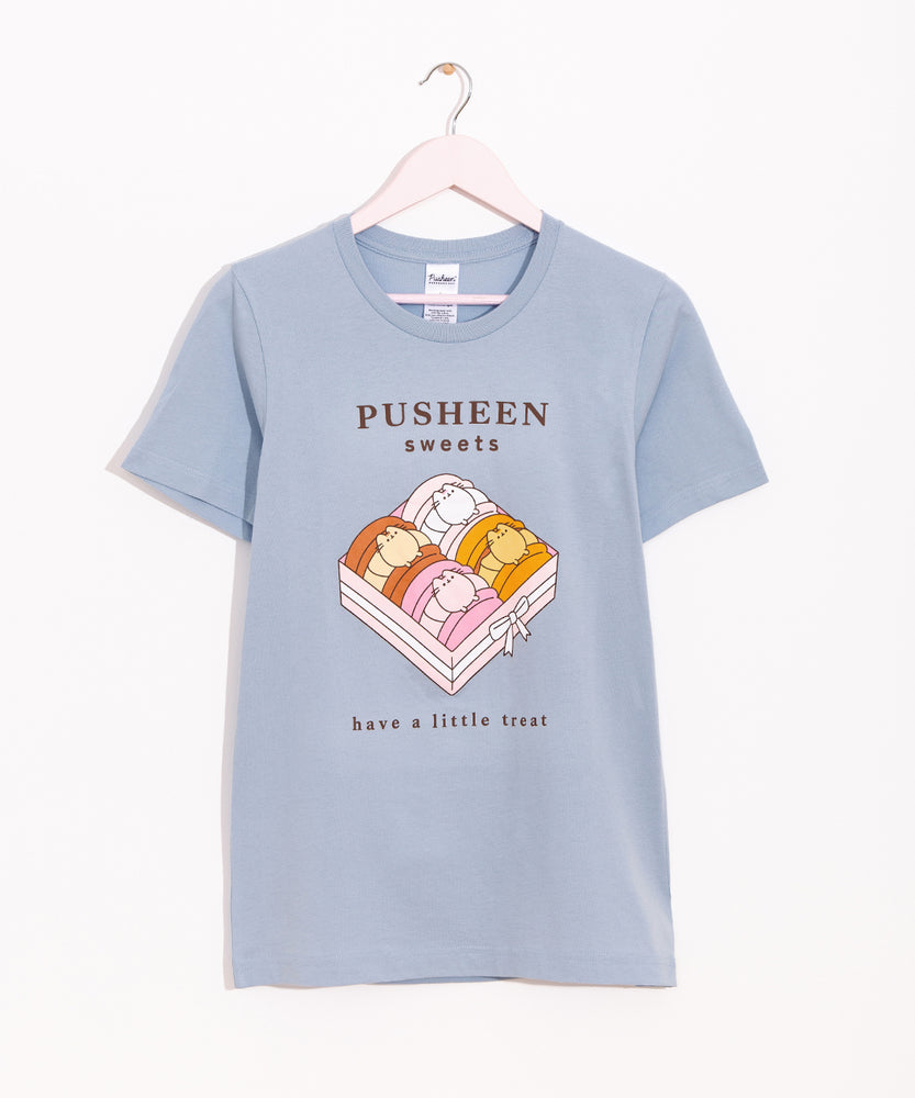 Pusheen Sweets Tee hangs on a light pink hanger on a white background. The light blue tee shirt has a graphic of a box of four macarons with the phrase "Pusheen Sweets" above the graphic and "have a little treat" below the graphic.