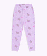 Pusheen Twilight Pajama bottoms lie on a flat surface. The jumping cat is printed all over the lounge bottoms.