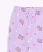 A close-up view of the waistband on the Pusheen pajama pants. The light purple pants have a thin, stretchy waistband and side pockets. 