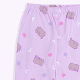 A close-up view of the waistband on the Pusheen pajama pants. The light purple pants have a thin, stretchy waistband and side pockets. 