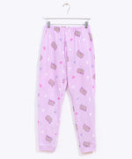 The light purple tapered pajama bottoms hang on a white hanger to show the silhouette of the lounge pants, the location of the side pockets, and the tapered cuffs..