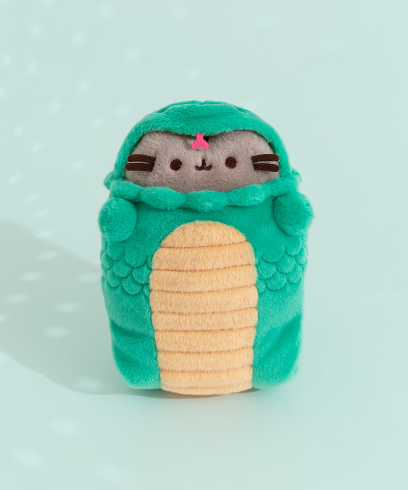 Full front view of Pusheen wearing a green and yellow snake costume. The green dragon costume has green scales and yellow ribbed belly details.