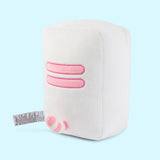 Side back view of the white rectangular plush. Pusheen's two back stripes are embroidered in a light pink color on the white plush.