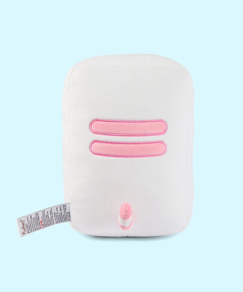 Back view of the Pusheen's Kitchen Refrigerator Plush. Pusheen's striped tail extends off the bottom back of the plush and alternates between white and light pink colors.