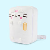 Side quarter view of the Pusheen White Refrigerator Plush. Towards the middle side of the plush is an embroidered yellow rectangle that mimics the handle of a real refrigerator.