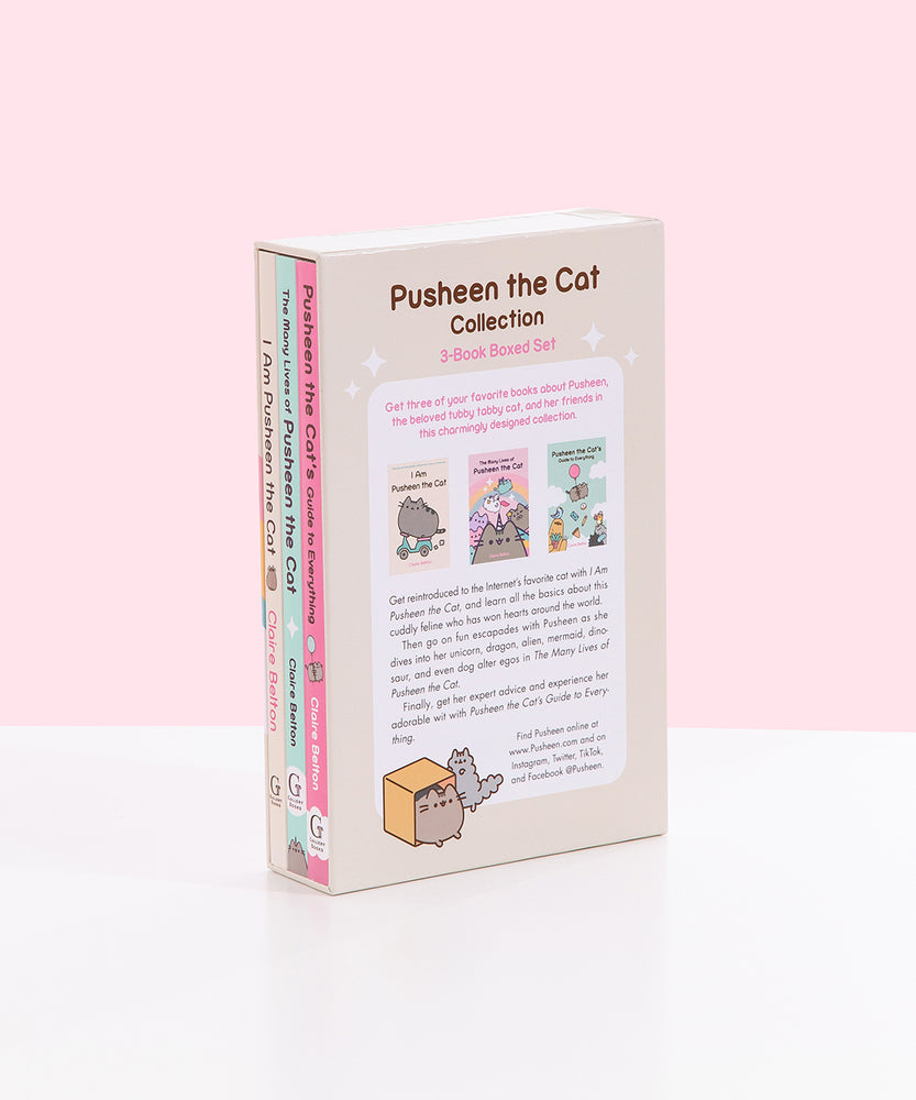 Back view of the Pusheen the Cat Book Collection. The graphic on the back of the box features the cover art of each book and a short introduction into what each book is about. A graphic of Pusheen and Stormy playing with a cardboard box is located at the bottom left corner of the back of the box.  