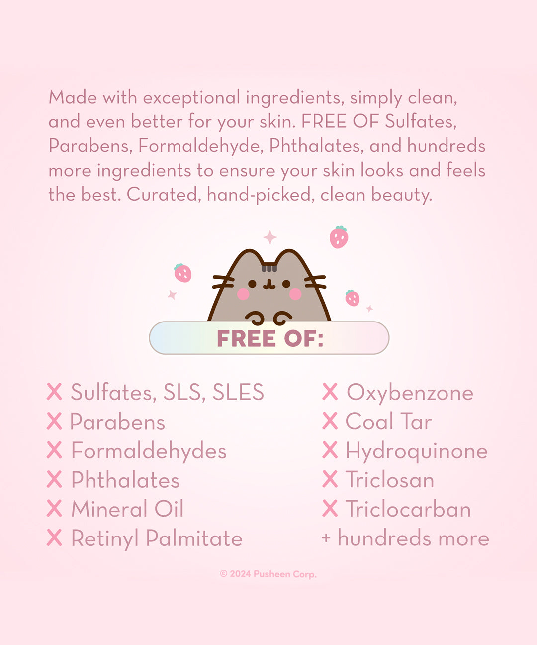 The Creme Shop x Pusheen Klean Beauty line ingredient explanation.