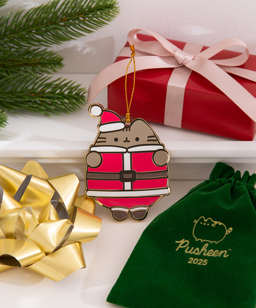 Pusheen holiday ornament lies near its accompanying greeb storage bag. The green bag has the Pusheen logo and year printed in gold. 
