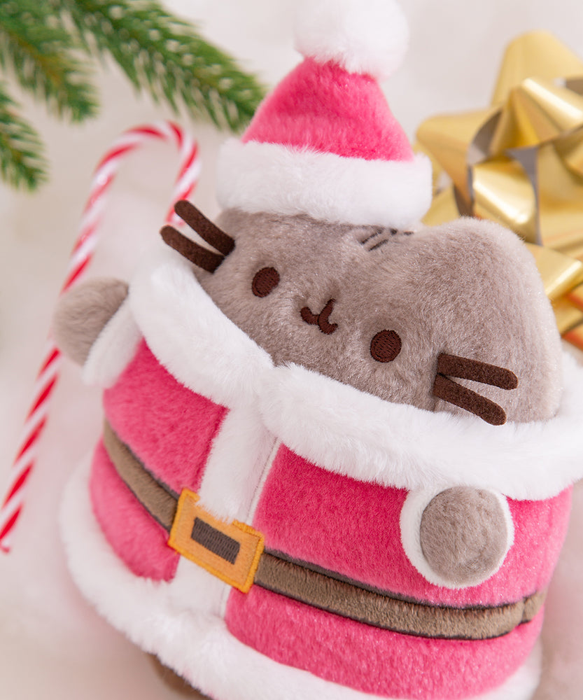 Aerial close-up of Pusheen's facial features and the Santa hat that sits atop her right ear.