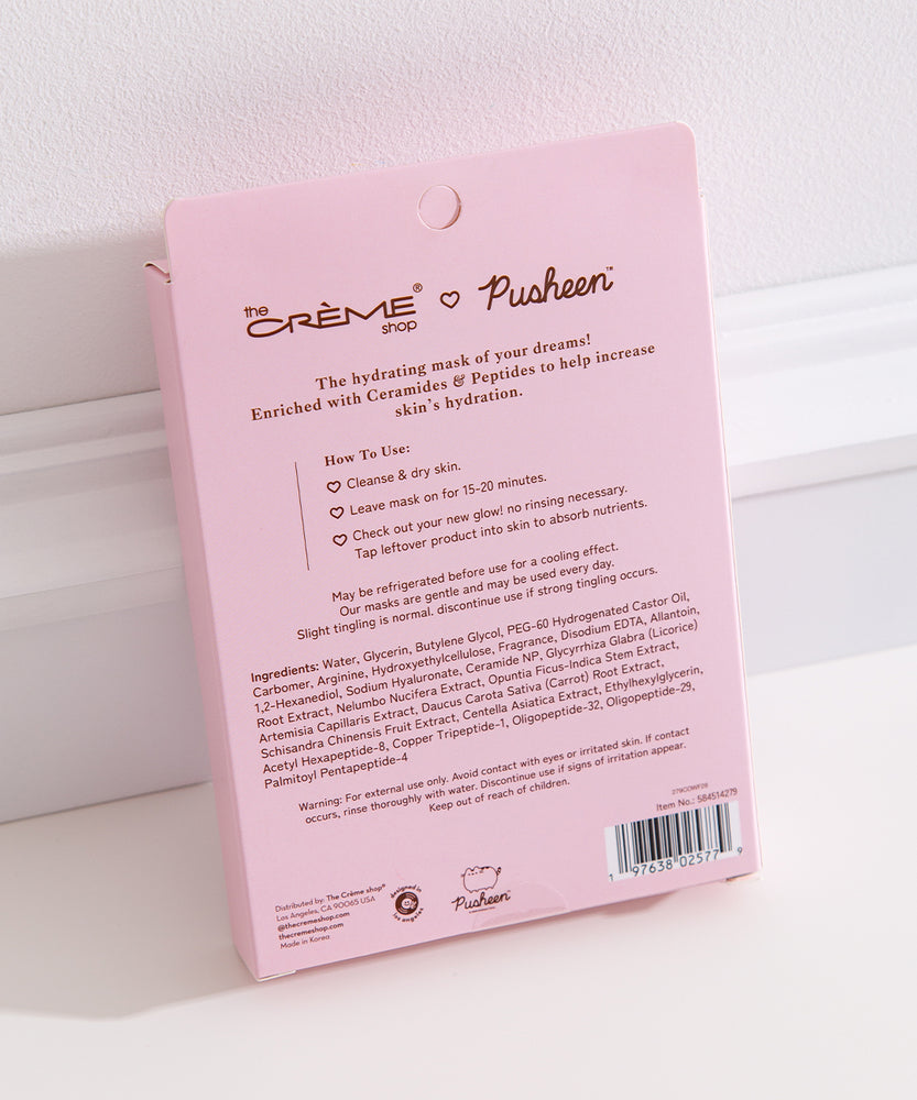 Back view of the packaging box for The Creme Shop x Pusheen Sweets Sheet Masks - 5-pack. The back includes product details, logos, and the barcode for this item.