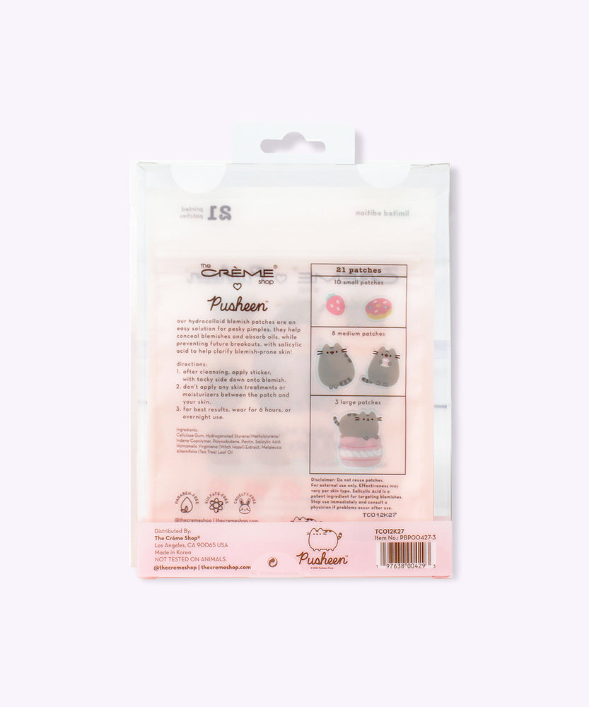 Back view of the 3-pack blemish pouch packaging. The Creme Shop & Pusheen logos are printed on the packaging as well as directions for how to use the blemish patches.