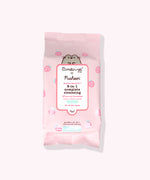 Front view of the Pusheen cleansing wipes. The light pink pack indicates that there are 30 pre-wet towelettes in each pack that will cleanse, exfoliate, and hydrate the user's skin.