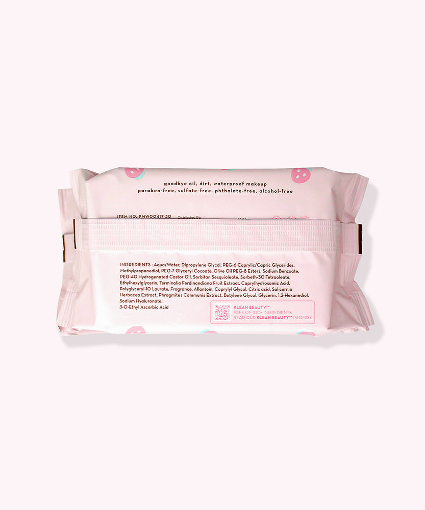 Back view of the Pusheen makeup wipe packaging. On the back of the package is a short description of what the wipes will do and the ingredients.