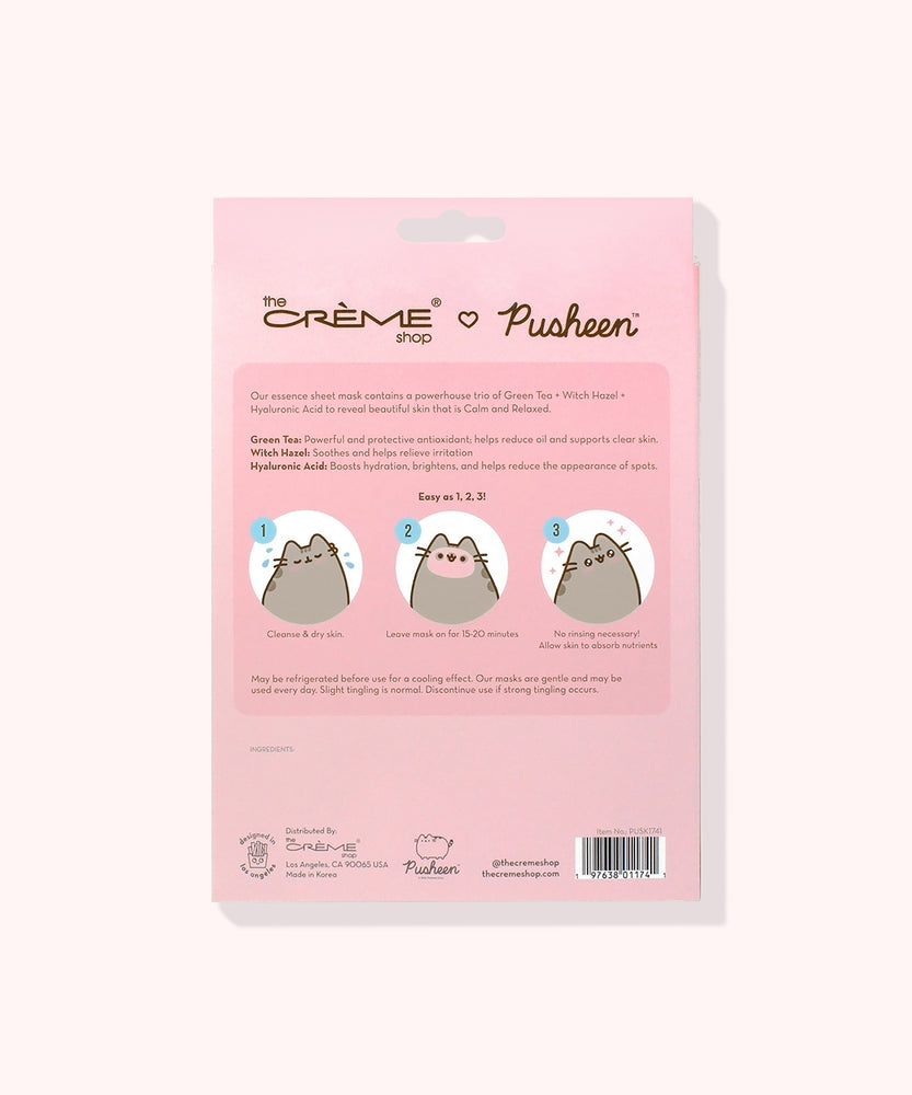 Back view of the Pusheen Sheet Mask 3-Pack Holiday Packaging. The ingredients and how to use the product is printed on the back and includes Pusheen graphics demonstrating how to use the product.