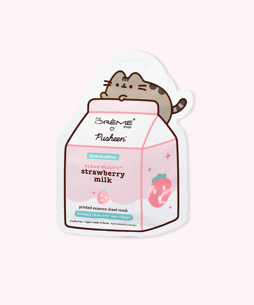 Front view of the individual sheet mask packaging. Pusheen the Cat waves atop a strawberry milk container. The carton shows product details including that the product includes strawberry, lactic acid, and vegan collagen.