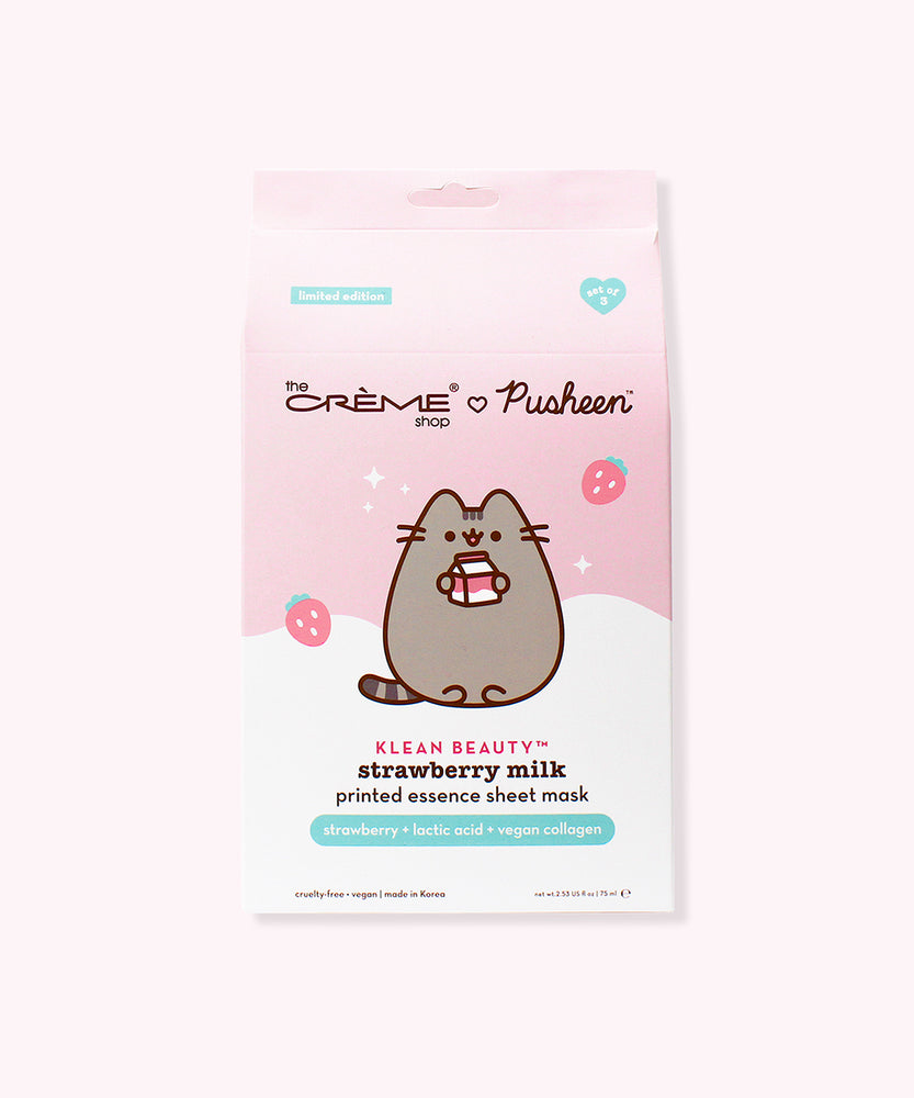 Front view of the 3-pack packaging carton for the Pusheen Sheet Masks. Printed on the front is a graphic of Pusheen holding a strawberry milk carton. The packaging includes important product details like "3-pack" and "limited edition."