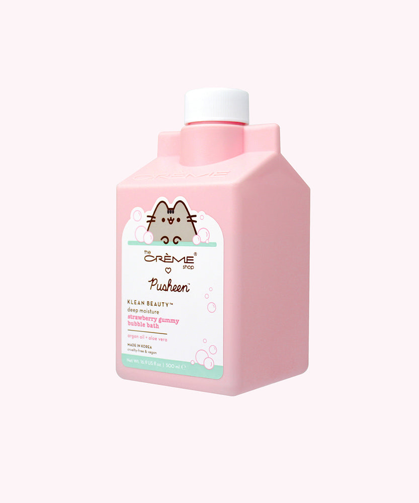 Side view of the Pusheen bubble bath packaging. The pink bottle has 500ml of bath additive. The liquid is Made in Korea and the product is cruelty-free and vegan.