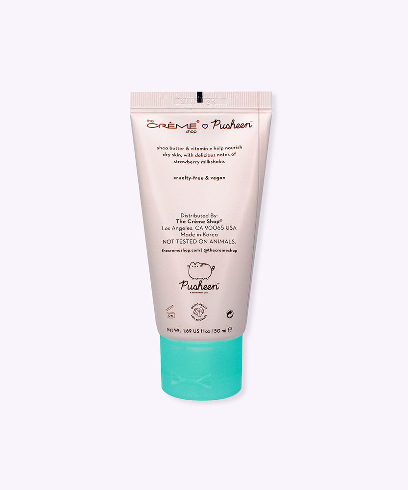 Back view of the hand cream tube. The bottle has a product description telling the user that the cream with help nourish and moisturize their dry skin.