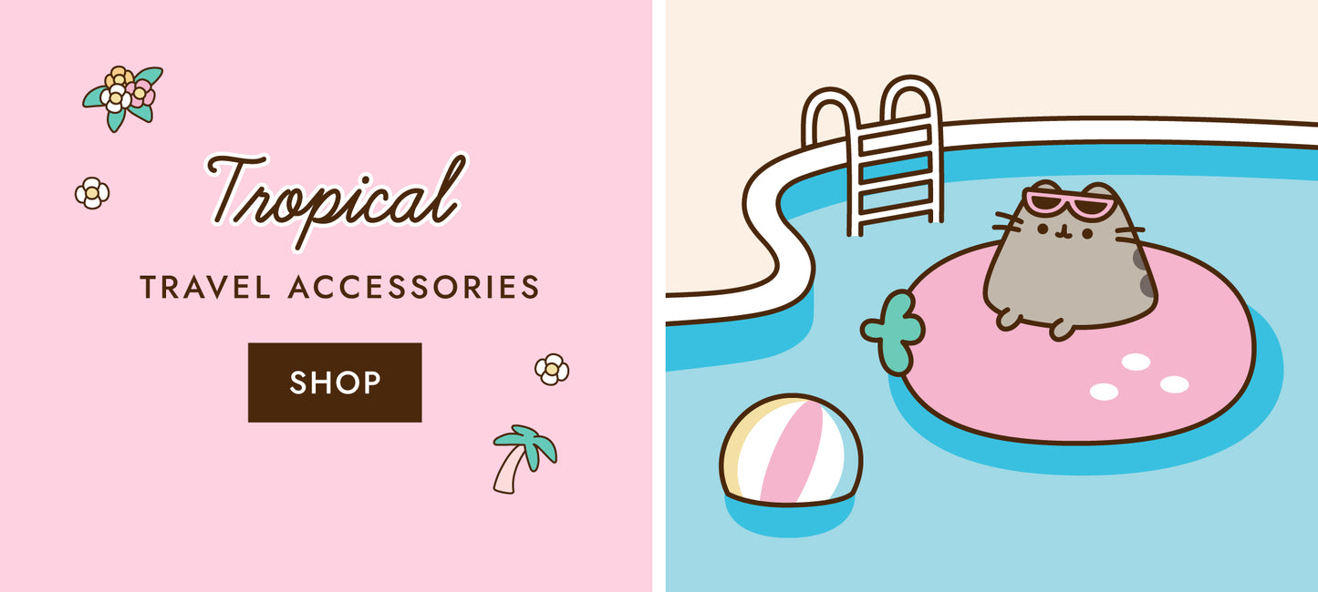 A Pusheen graphic with pool and flower accents promoting new tropical travel accessories 