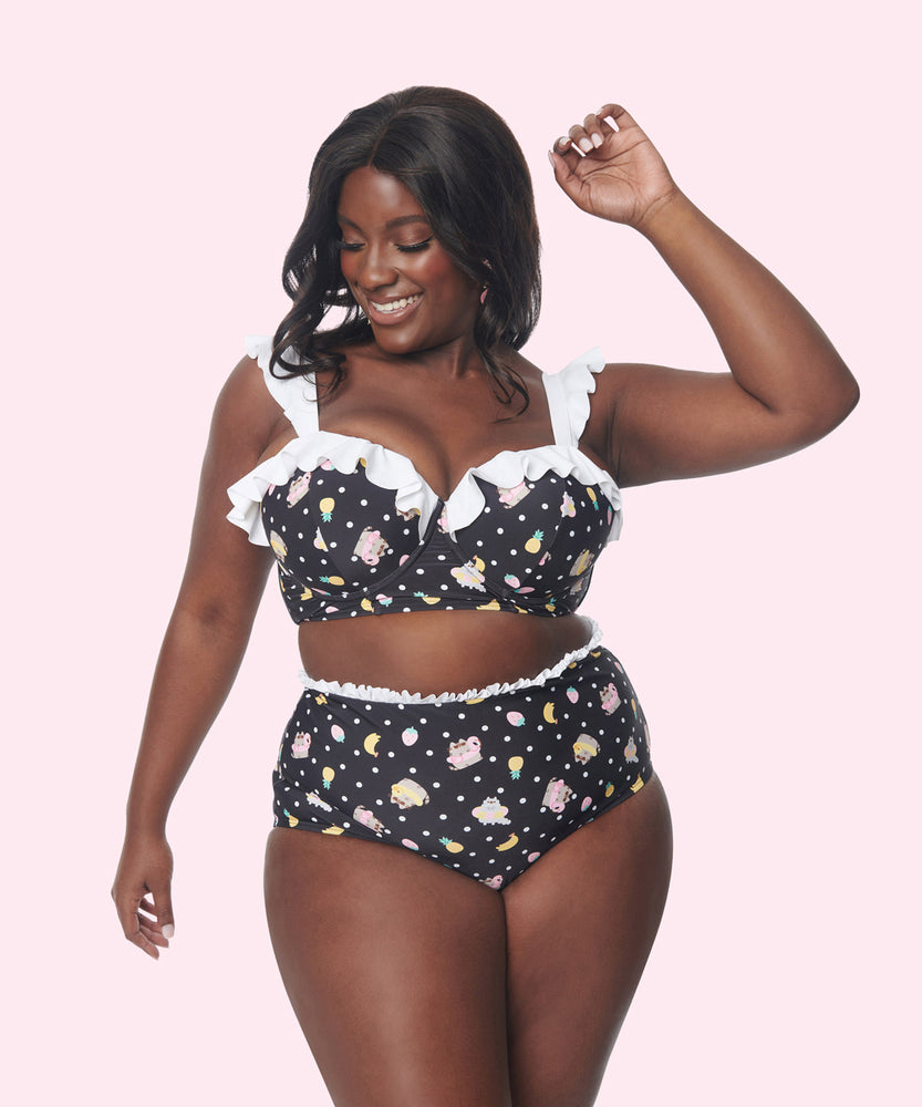 A different model wears the Pusheen Swimsuit. The swim top has a bra-top fit.
