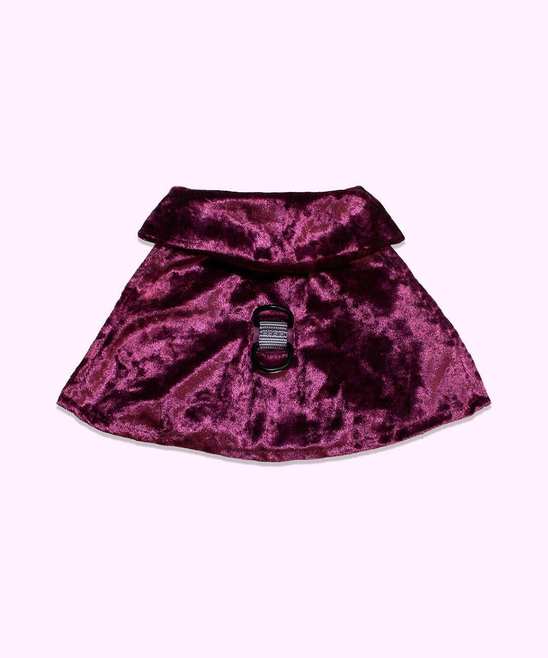 Close-up view of the front of the Vampurr Pusheen Pet Cape. The purple velvet cape features two loops on the back for easy leash attachments if needed. 