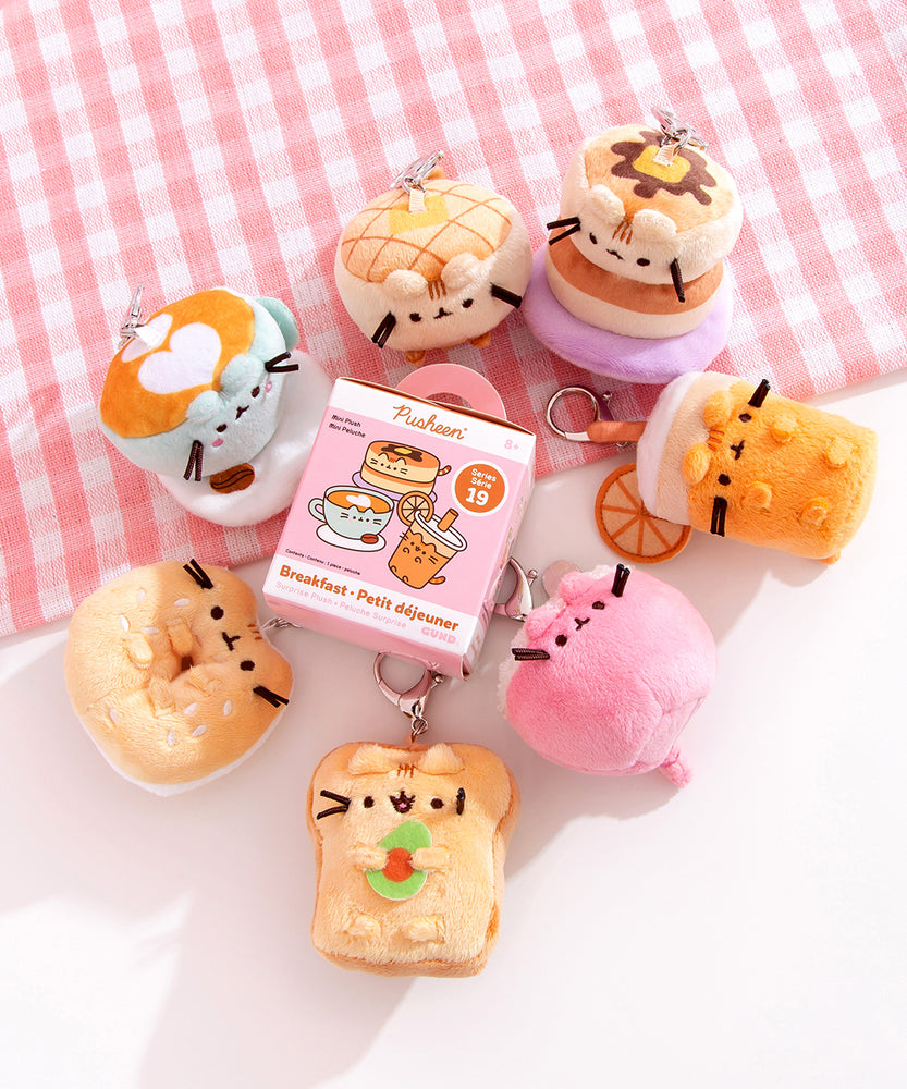 Top view of the surprise plush keychains laid in a circle around surprise box. Keychains show Pusheen as breakfast foods including a waffle, pancake stack, oragne juice, cereal bow, avocado toast, sesame bagel, and coffee latte.  