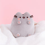 Classic Toe Beans Plush sits atop a white fluffy blanket in front of a light pink backdrop. Pusheen’s paws show four light pink paw pads and a large center paw pad. 
