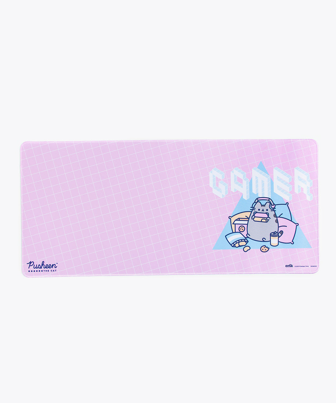Front view of the Gaming Pusheen desk mat. The Pusheen The Cat logo is present in the lower left corner, and the manufacturer logo is present in the lower right corner, all in a dark blue. 