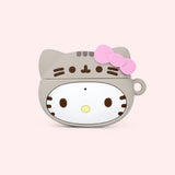 The Hello Kitty x Pusheen Airpod Case standing upright without the carabiner attacked in front of a pink background.