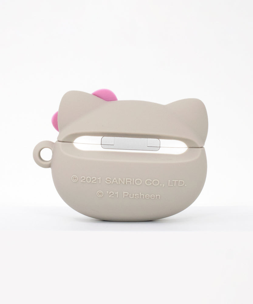 The back of the Airpodcase. The back is covered in grey silicone, save for a small exposed space on the lid hinge. The copyright information on the back reads '2021 SANRIO CO LTD, '21Pusheen'. The back of the bow tie by the right ear is partially visible behind the ears.
