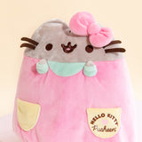 Closeup of the front of the plush. The Hello Kitty x Pusheen collaboration logo is screen printed onto the dress pocket, while Pusheen's face is embroidered on. The bow on Pusheen's right ear covers up her ear.