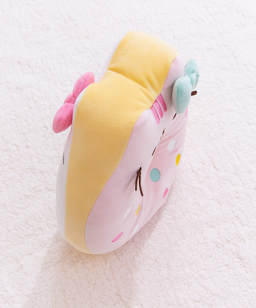 Side view of the Hello Kitty x Pusheen Donut Plush highlights the yellow sides of the plush toy that distinguishes Hello Kitty as a white glazed donut on one side and Pusheen as a pink glazed donut on the other side.  