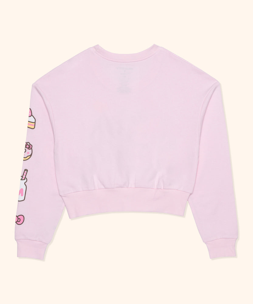 Back view of Hello Kitty x Pusheen Ladies Cropped Sweatshirt. The collar, hem, and sleeves have a cinched detail for a secure fit.  
