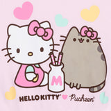 Close-up view of center front graphic on the Hello Kitty x Pusheen Ladies Cropped Sweatshirt. Hello Kitty shares a milkshake with Pusheen while both characters each wear one of Hello Kitty's classic pink bows. The characters are surrounded by light pink, yellow, and teal hearts while the Hello Kitty x Pusheen logo sits under the cat pair.