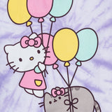 Close-up view of the large graphic on the front of the purple tee. Pusheen is shown with a Hello Kitty pink bow on her head with balloons tied around her waist to make her float. Hello Kitty is shown to her left giving a thumbs up an holding balloons to allow her to float with Pusheen. 