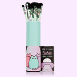 Open view of Pastel Pusheen 10-piece Makeup Brush Set in the open storage tube. The inside of the tube is mint green. The makeup brushes fit inside the tube perfectly and only the barrels and brush hairs sit out of the tube. 