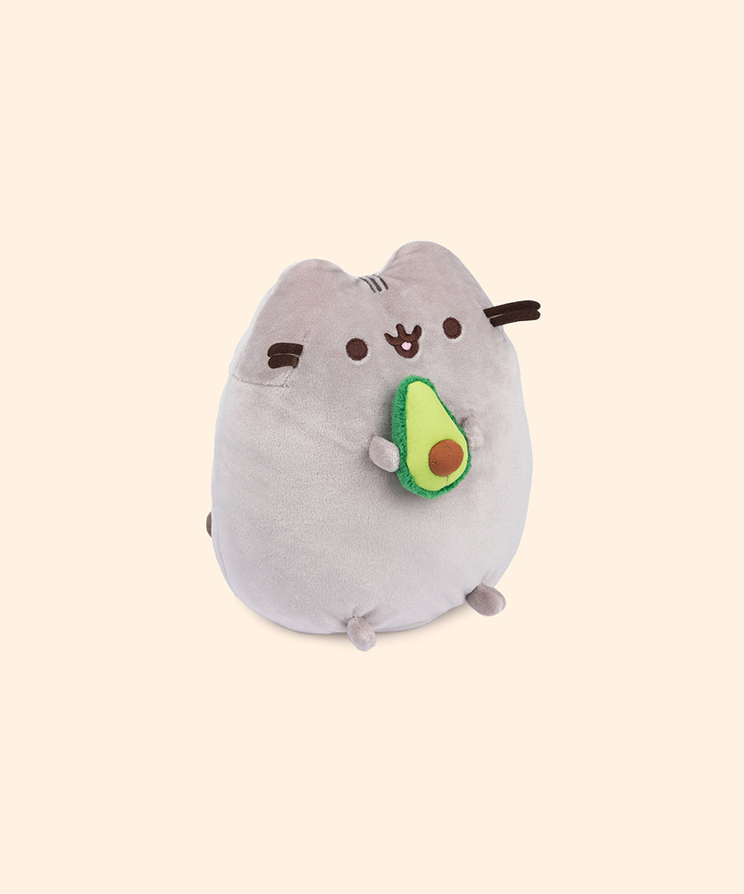 Right quarter view of Pusheen Avocado Plush. In this view, Pusheen’s whiskers and feet are shown extended from the plush body.
