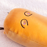Close-up view of the paw pad embroidery on the underside of the bread plush. The thread is black and pink. The brown whiskers on the front side of the plush can be seen extending off the body in this view.  