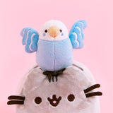 Front view closeup of the Bo and Pusheen Plush. Pusheen's legs are not visible, making it look like she peeked up from the bottom of the picture with Bo on top.