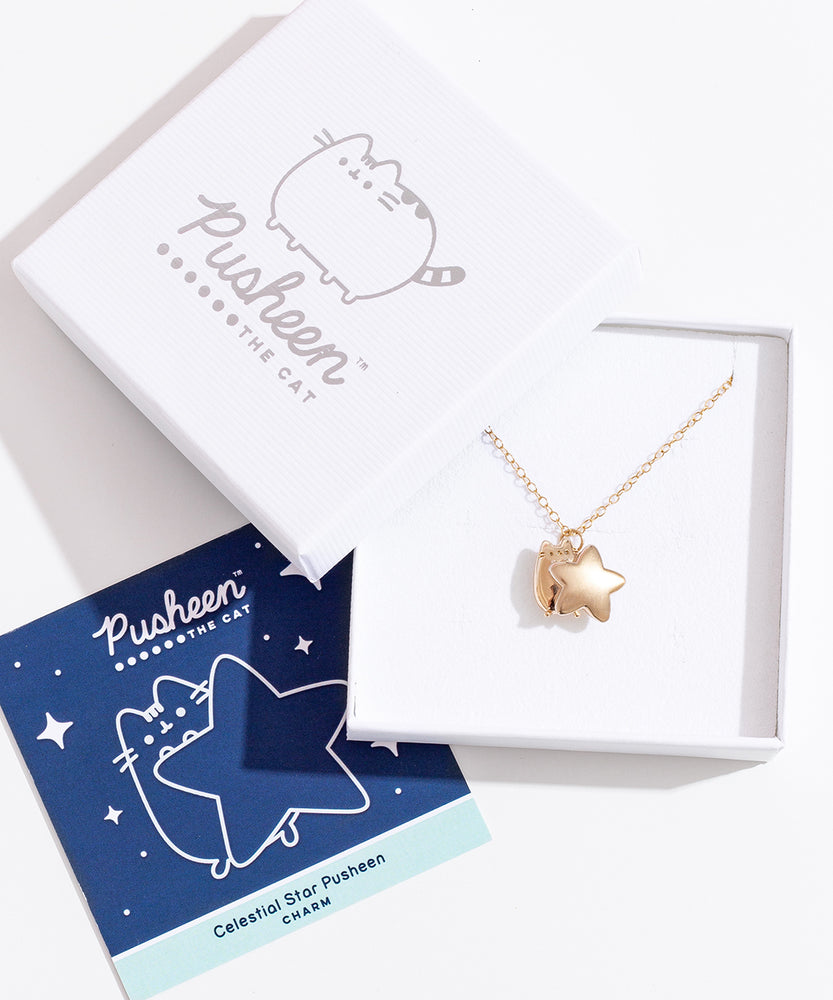 Gold vermeil finish of Pusheen Charm Necklace in its packaging. The necklace is placed inside a white box with a blue informational card. 