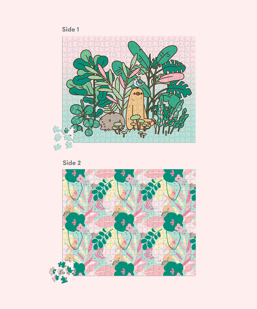 This view shows both sides of the plant themed Pusheen puzzle. One side shows the graphic of plants, Pusheen, Sloth, and Bo that is featured on the front box. The second side shows a pink, yellow, green, and orange pattern with Pusheen the Cat hidden throughout.  