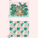 This view shows both sides of the plant themed Pusheen puzzle. One side shows the graphic of plants, Pusheen, Sloth, and Bo that is featured on the front box. The second side shows a pink, yellow, green, and orange pattern with Pusheen the Cat hidden throughout.  