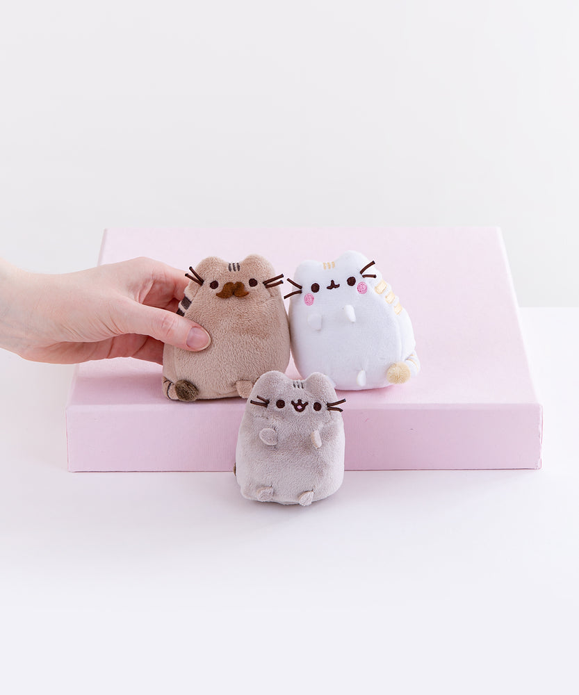 Full view of the mini plush, Pusheen’s parents on top of the pink pedestal while Pusheen sits underneath them on the white floor. A model’s hand sticking out from the left gently holds Pusheen’s father.