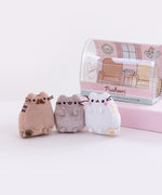 The three mini plush outside of the packaging , standing next to one another in front of a white background, with the original packaging still intact and on top the pink pedestal. Pusheen’s father has his feet on the ground, while Pusheen and her mother have all four paws facing upfront. The illustrated background in the packaging also features two arm chairs and a mini table with two tea mugs on top of it.