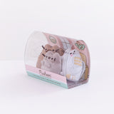 Quarter view of the mini plush in the packaging facing the left in front of a white background. The set is a rounded piece of clear plastic, with the Pusheen the Cat logo indented on the sides. At the bottom front of the packaging is a pink, white and teal stripes with the Pusheen and product name featured. At this angle, it is clear that the illustrated background extends to the bottom, featuring a rug on the floor.