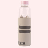Back view of the Pusheen Glass Water Bottle. The grey silicone sleeve features Pusheen’s grey back stripes and striped tail at the bottom of the bottle.  