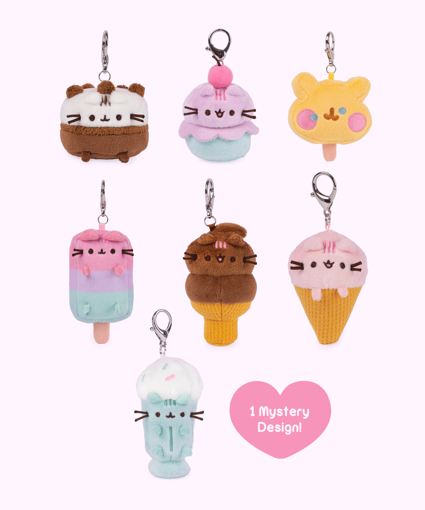 Front view gif of Pusheen Ice Cream Surprise Plush assortment. Pusheen the Cat has taken the form of seven miniature plush in ice cream varieties. The bottom right corner has a heart with the words “1 Mystery Design!” indicating eight possible miniature plush keychains are available. 