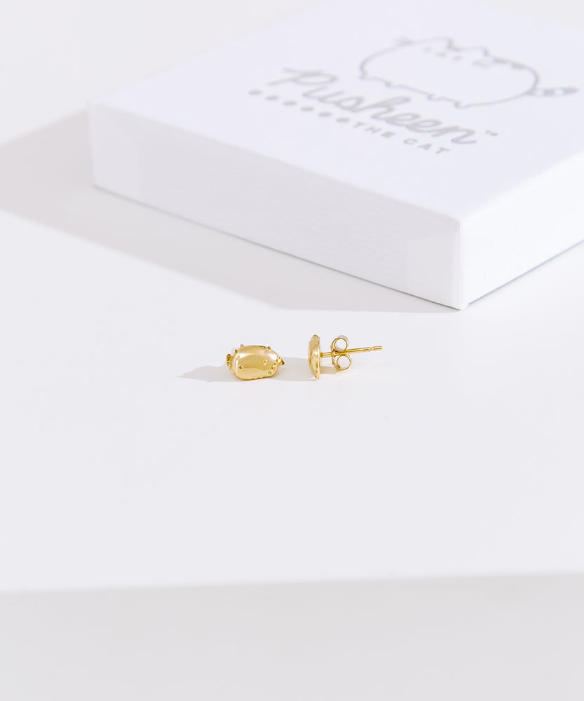 Front and side view of the Pusheen Lazy Stud Earrings in gold vermeil. One earring faces forward while the other faces the side to showcase the earring bar and backer mechanism.