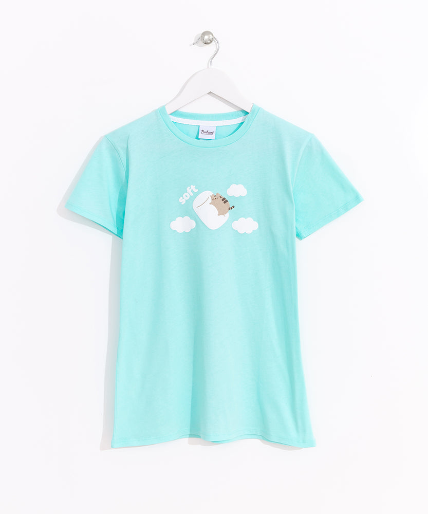   Hung on a white hanger, the Marshmallow Dreams Pajama Tee is hung out to show the full length of the t-shirt. The mint tee has printed graphic on the front center of the tee shirt.  