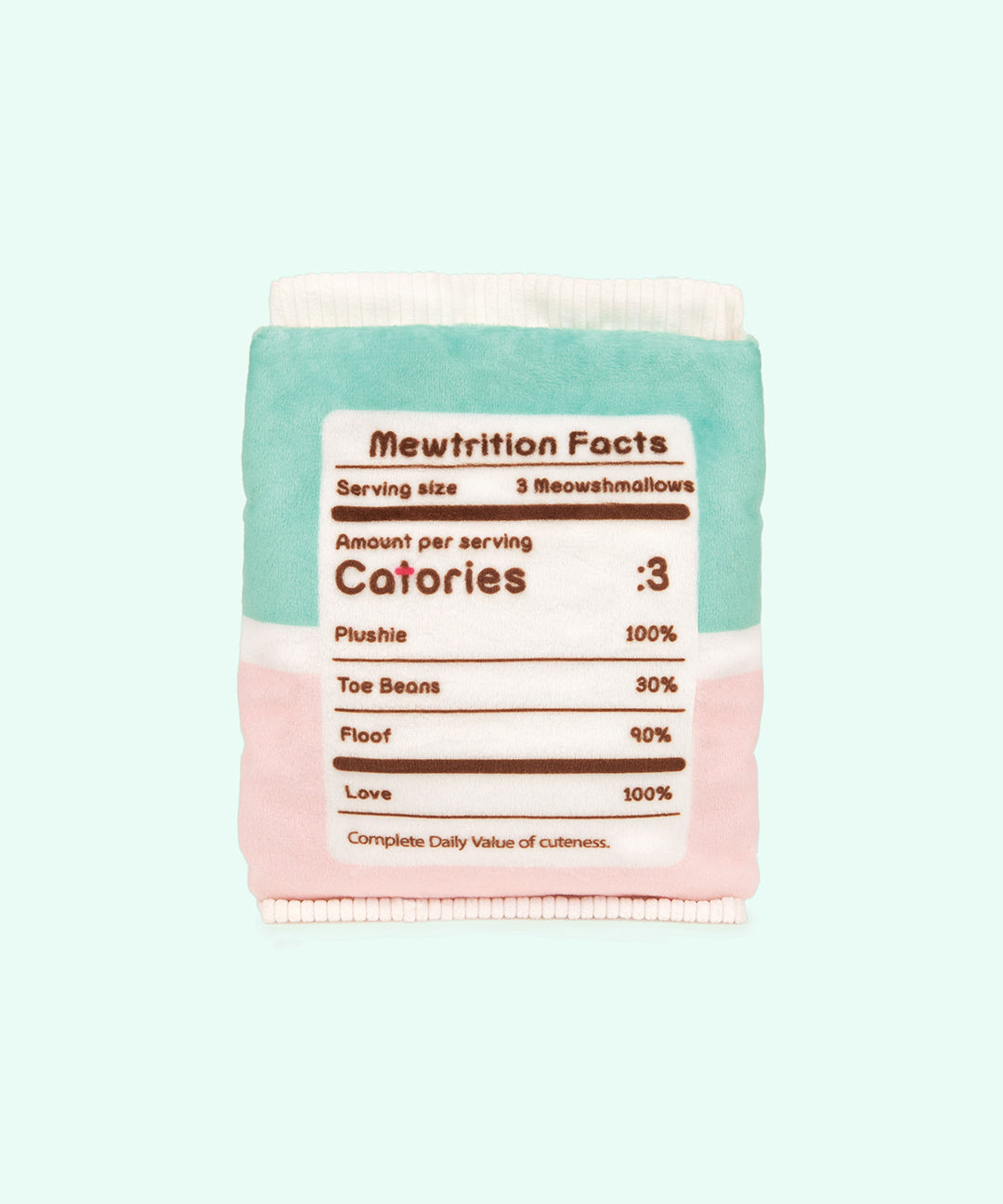 Back view of the Pusheen Meowshmallows bag with Mewtrition Facts to look like Nutrition Facts on food items.  